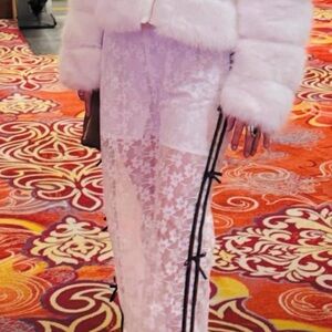 White Lace Pants with Black Bow Accents
